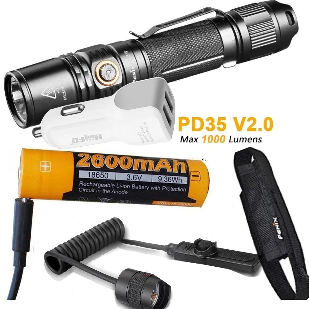 

Fenix PD35 V2.0 2018 Upgrade 1000 Lumen Flashlight with ARB-L18-2600U 18650 Battery, Cable,holster,AER-02 switch, car charger