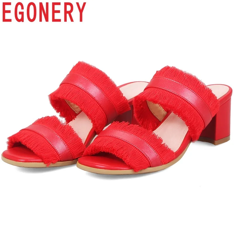 

EGONERY 2019 new slippers women open toe genuine leather sandals fashion thick heel summer shoes red black sexy party slippers