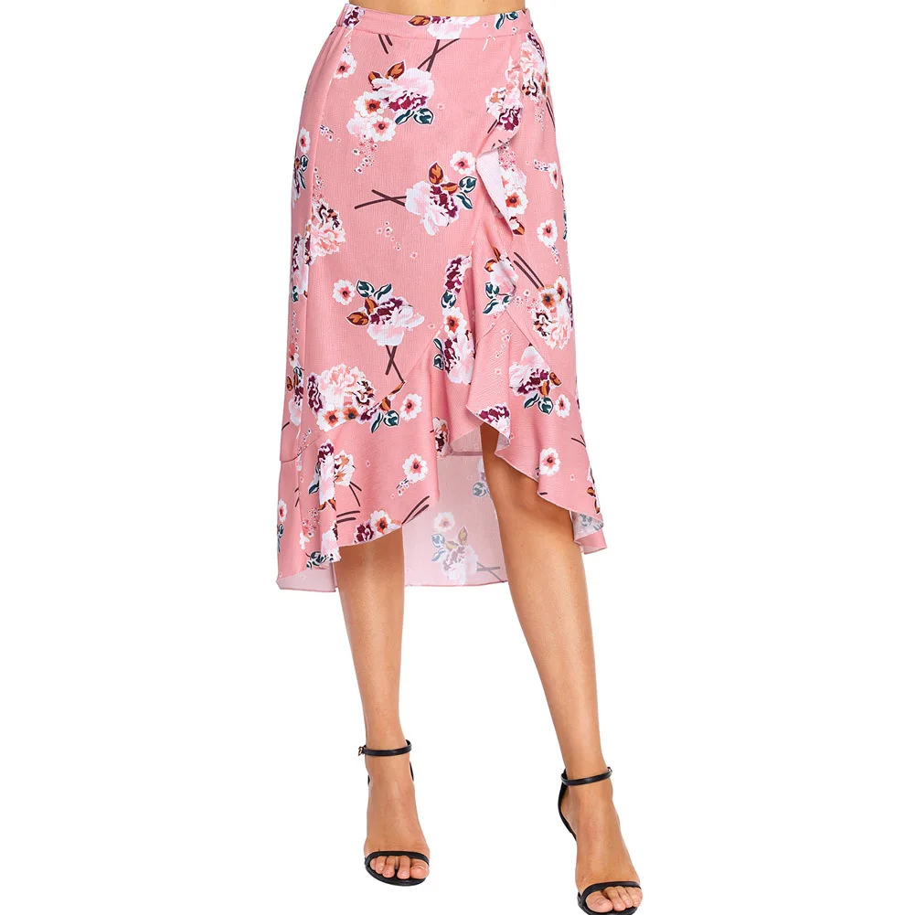 Summer Pleated Bohemian skirt with floral print Asymmetrical Midi skirt