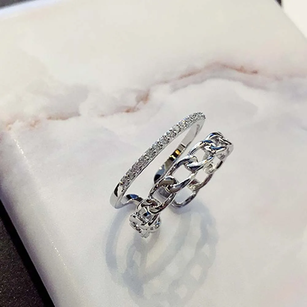 

new Fashion Vintage Chain Double layer Ring alloy Simple CZ rhinestone Pave Setting Decorate Open Ring Women Jewelry