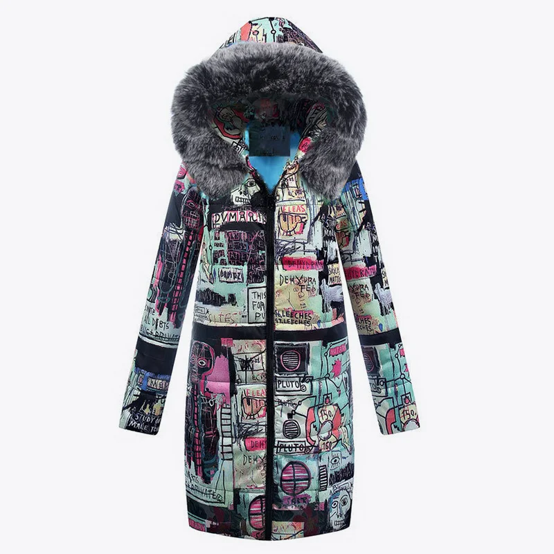 Pocket Print Graffiti Faux Fur Hooded Women Parkas 2018 Female Long Thick Cotton Wadded Jackets Woman Winter Streetwear Overcoat