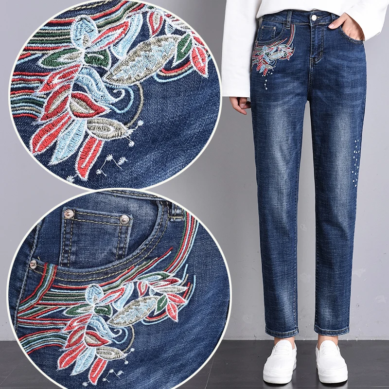 

Spring Autumn Women High Waist Jeans Woman Floral Embroidery Blue Denim Harem Pants Casual Loose Black Trousers