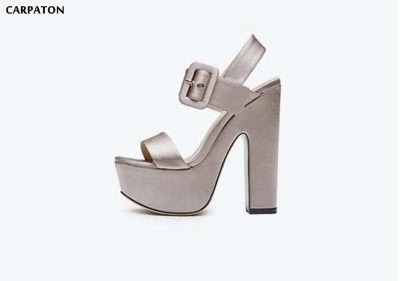 

Carpaton Soft Silk Satin Uppers One-Button Platform High Heels Fashion Back Space Ankle Square Buckle Dress&Casual Women Shoes