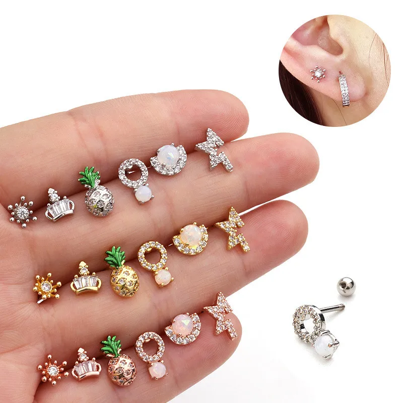 

Ear Piercing Jewelry 1PC Stainless Steel Bar CZ Opal Pineapple Cartilage Helix Tragus Conch Rook Lobe Screw Back Earring Stud