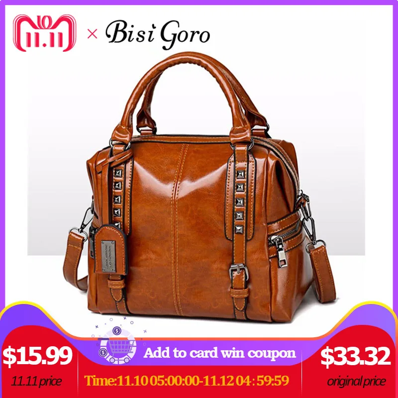 

Bisi Goro 2018 Oil Wax Women Handbag Vintage solid sequined handbag hotsale party purse ladies messenger crossbody shoulder bags