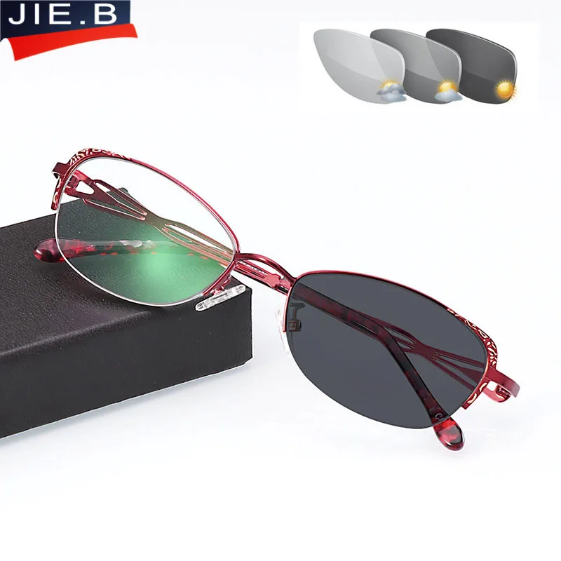 Tanie Moda eleganckie kobiety przejście okulary do czytania z fotochromem kobiety dioptrii okulary Presbyopic 1.0 4.0 czytanie okulary przeciwsłoneczne