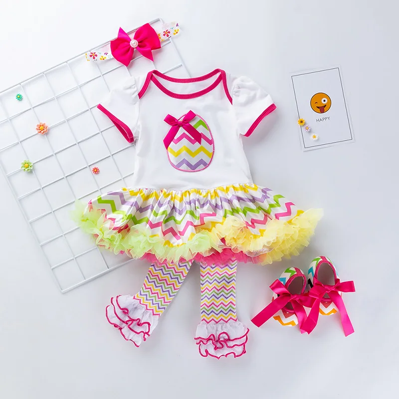

4pcs/set Girls Easter Clothing Set Baby Romper Dress Infant Lace Ruffles Princess Dress Jumpsuit Headband Shoes Leg Warmers Suit