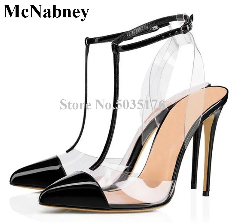 

2019 European Fashion Newest PVC T-tied Strap Pointed Toe Pumps Ankle Strap Buckle High Stiletto Heel Pumps Dress Women Shoes