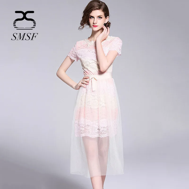SMSF Summer Dress 2018 Lace Causal Hollow Out Beauty Mesh Pink O Neck Silm Floral Elegant Wedding Party A Line Dress Vestidos SMSF Summer Dress 2018 Lace Causal Hollow Out Beauty Mesh Pink O Neck Silm Floral Elegant Wedding Party A Line Dress Vestidos