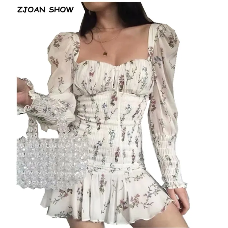 

2019 New Summer Beige Print Small Flower Elastic Ruched Dress Sexy Women Long Puff Sleeve Slim Mini Short Dresses Femme Vestido