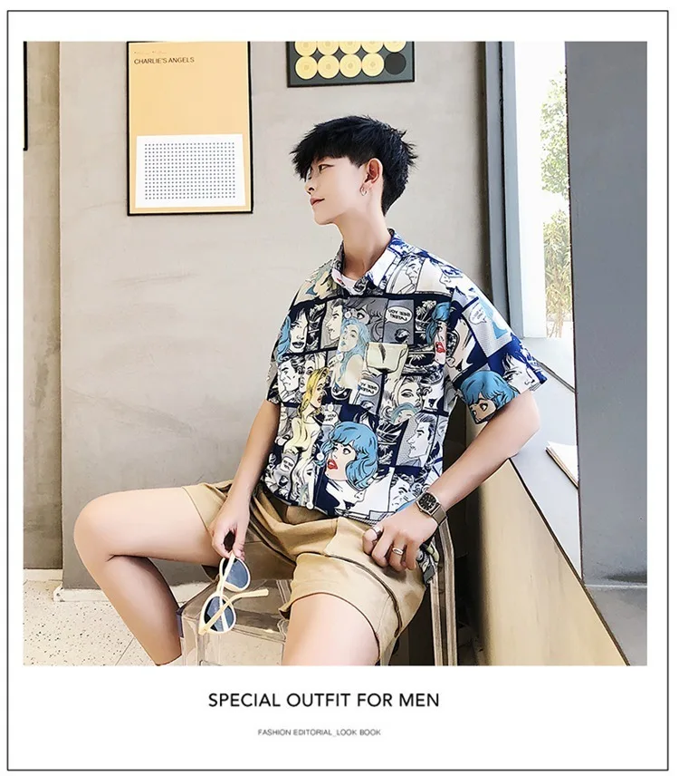 2019 летние мужские модные короткий рукав рубашка цветной цветок печати хлопковая одежда мужской плюс размеры S-2XL