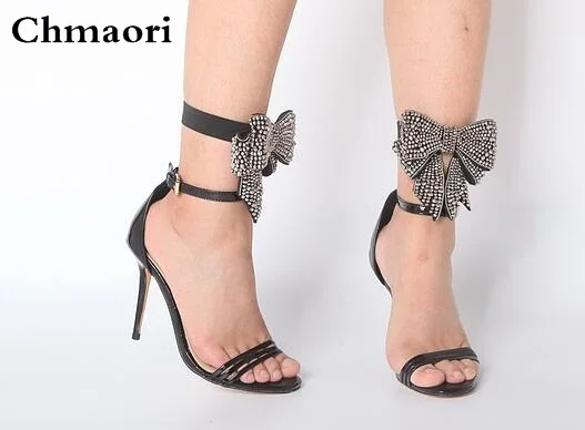 Sexy Arcos Vestido Extraíble Fino Strappy Charol Sandalias Tacones 2017 Negro Señoras Crystal Tie Bling Moda Verano Mujeres Aw8xPtX