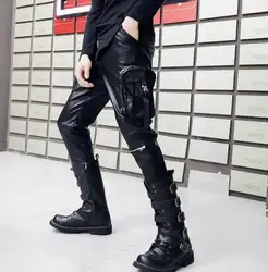 Черный Личность Модные мотоциклетные брюки из искусственной кожи мужские Облегающие штаны трехмерная большой карман pu брюки для мужчин