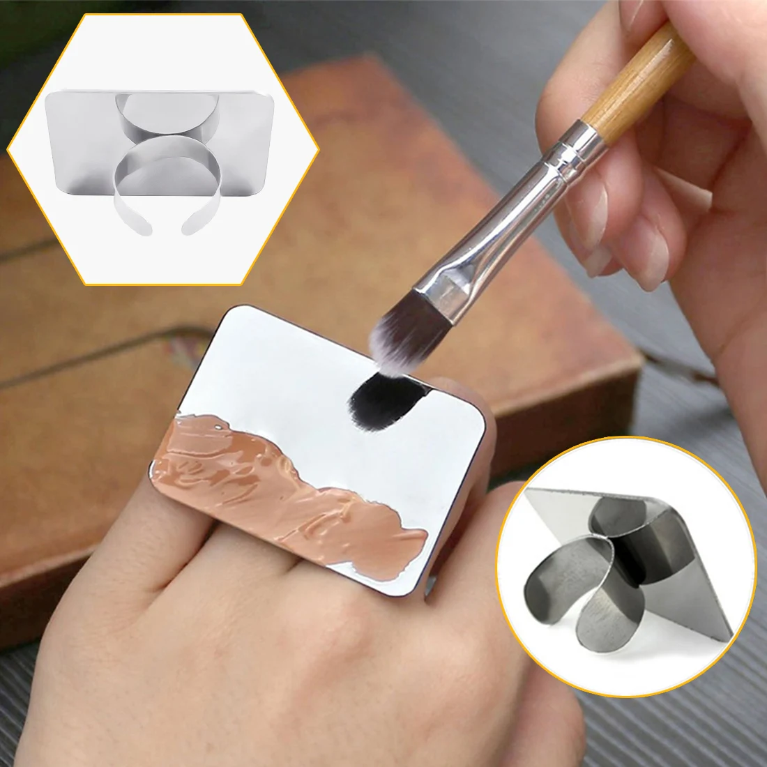 Goedkoop BearPaw Vinger Ring Kleur Palet Make up Cream Foundation Mixing Palet Cosmetische Make up Tool Rvs Plaat GEREEDSCHAPPEN