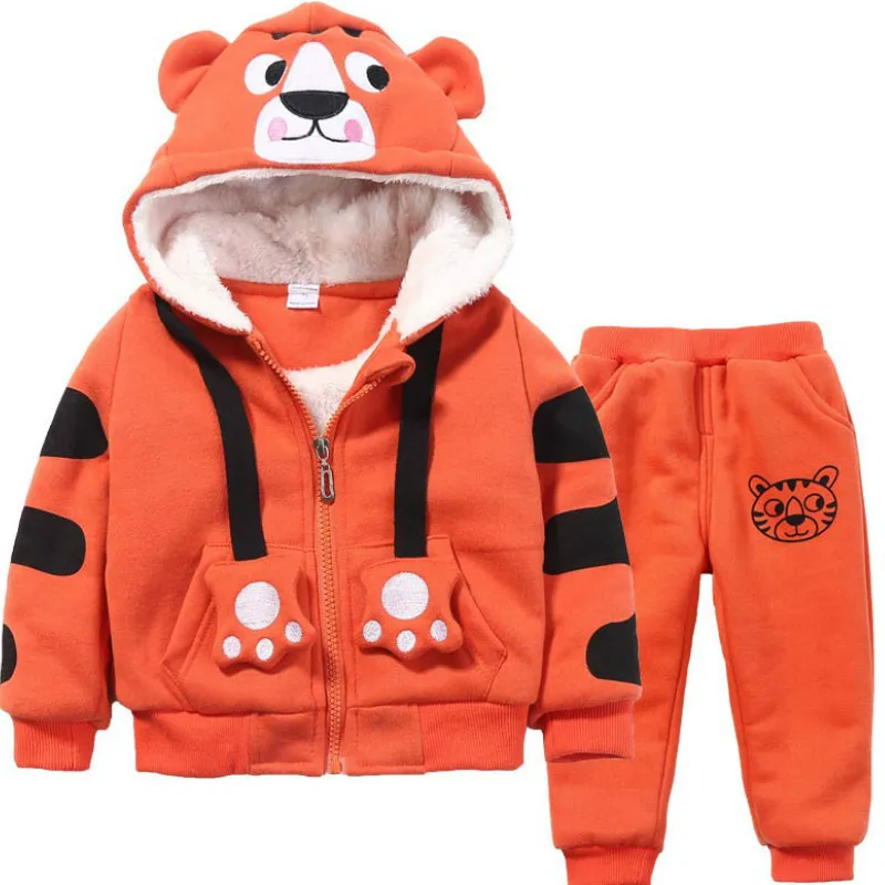 

Cute Boys Girls Cartoon Tigers Clothing Suits Baby Plus Velvet Hoodies Pants 2Pcs Sets Kids Toddler Winter Sports Clothes