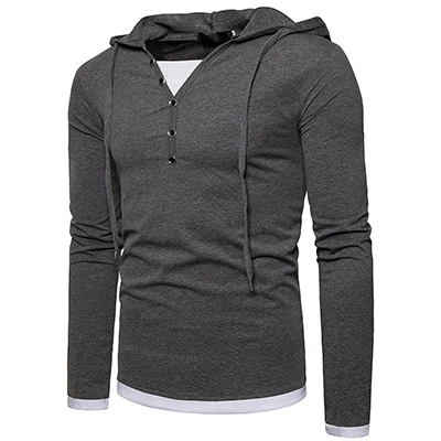 dark gray Новое поступление, стильная мужская футболка, модная, тонкая, декорированная пуговицами, Мужская популярная, в стиле пэчворк, с длинным рукавом, футболка, европейский размер - Цвет: dark gray