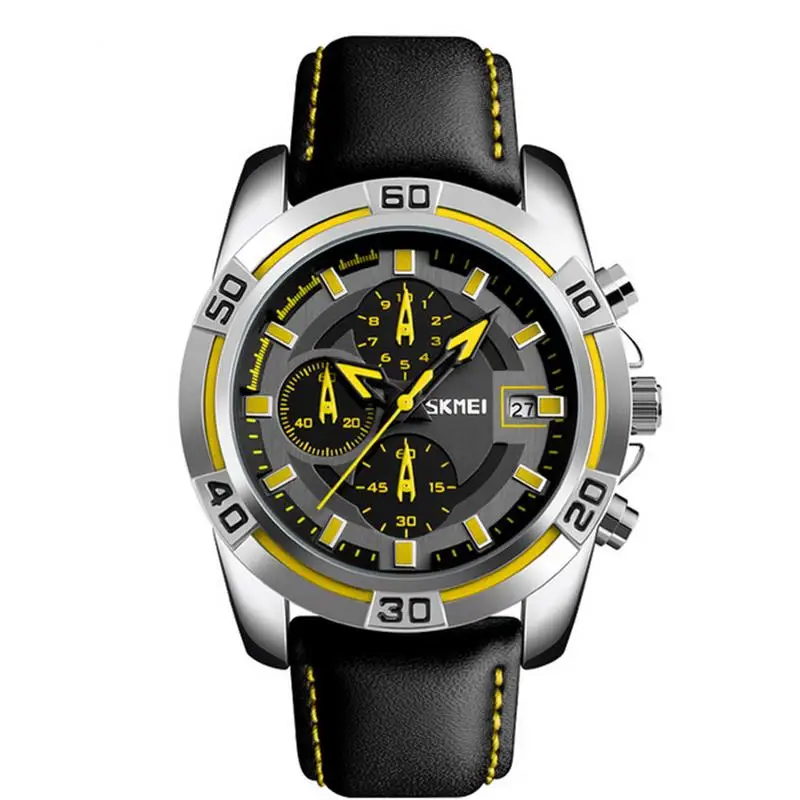 Skmei мужские модные спортивные военные часы с хронографом кожаные мужские кварцевые наручные часы водонепроницаемые мужские часы 9156 - Цвет: Yellow