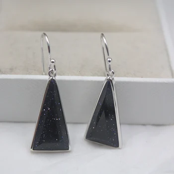 

Real Sterling S925 Silver Earrings Blue Sandstone Triangle For Women Ladies Girl 33*11mm Dangle Earrings Hook