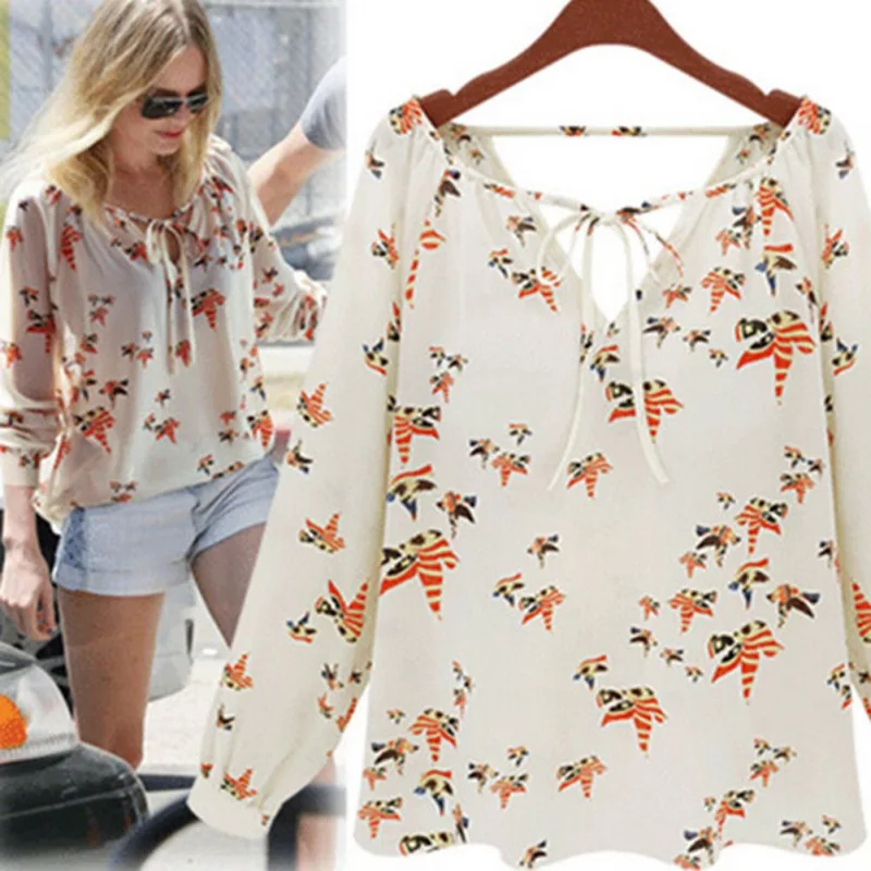 

Women Long Sleeve Dove Printed maple leaf Casual Loose Shirt Chiffon V Neck Blouse Hot Selling S-XL