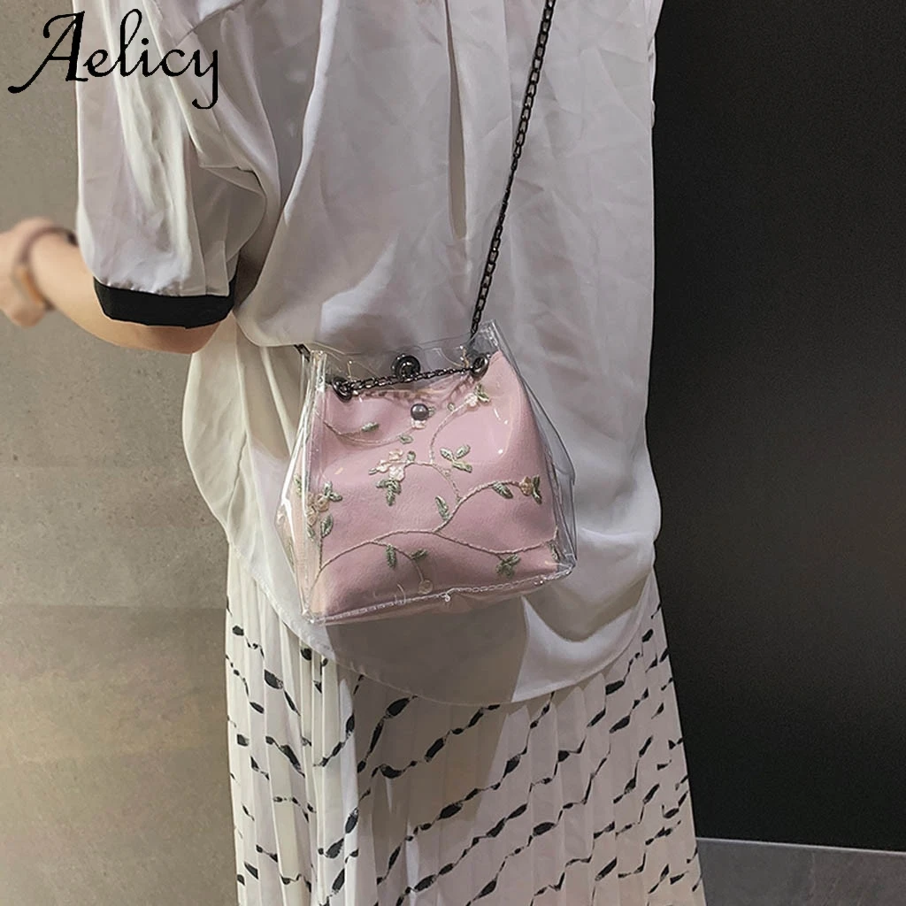 Aelicy Women Small Transparent Bucket Bags Chain Bag Totes Compound Female Mini Bag High Quality Solid Bag Totes Phone Pocket