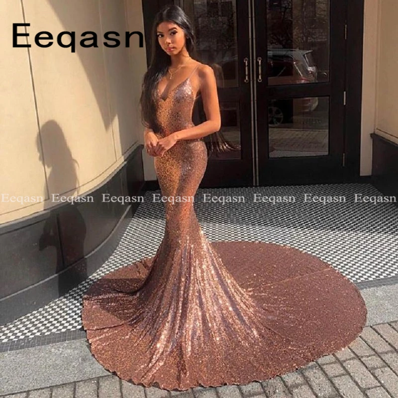 

Rose Gold Sequined Mermaid Prom Dresses 2019 Sexy Backless Long Court Train Evening Dress Party For Women Customize