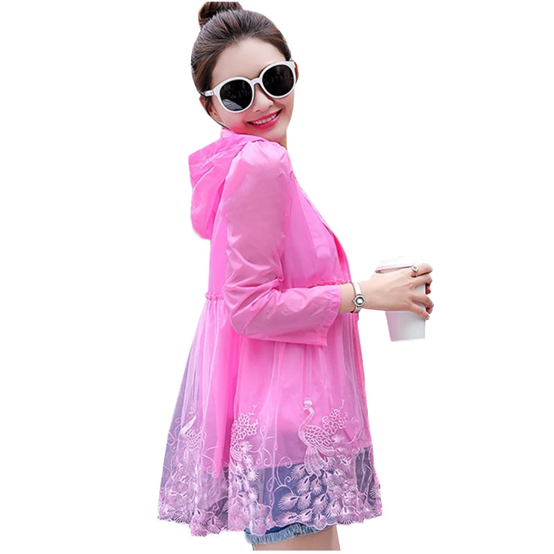 

Summer New Women Coat Fashion Thin Sunscreen Clothing Net Yarn Splice Hooded Jacket Casual Long Sleeve Outerwear Womens Jacket
