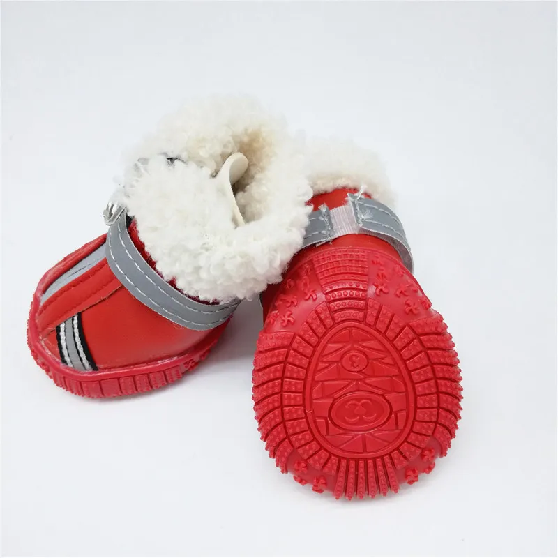 Обувь для собак PUPISHE; зимние мягкие теплые ботинки для маленьких собак; ботинки для собак из шерпы со светоотражающим ремешком; прочная нескользящая резиновая подошва; Цвет Красный