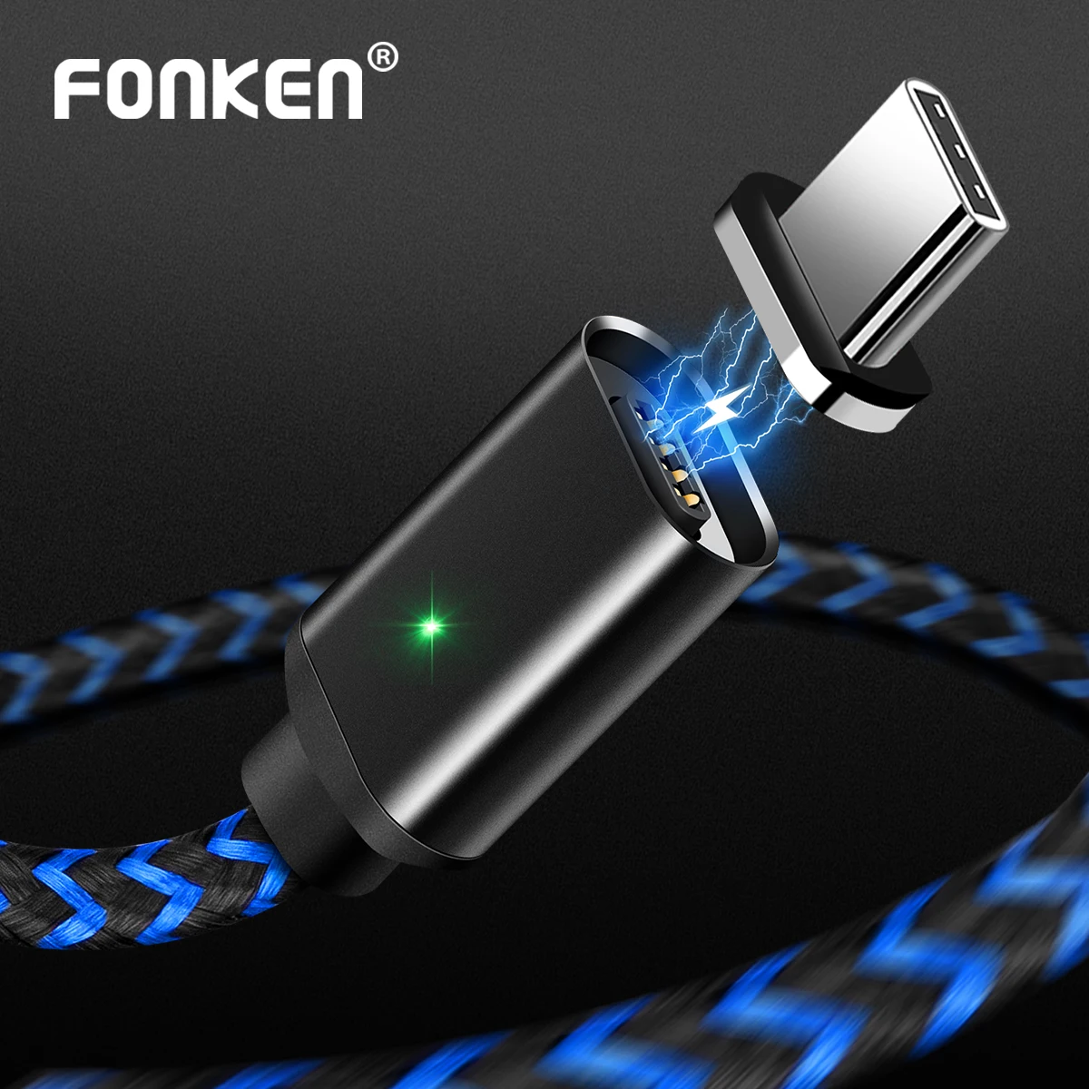 Магнитный кабель FONKEN usb type C, магнитный кабель для телефона, Макс. A, быстрое зарядное устройство, USB C, светодиодный кабель для синхронизации и передачи данных, нейлоновый плетеный провод