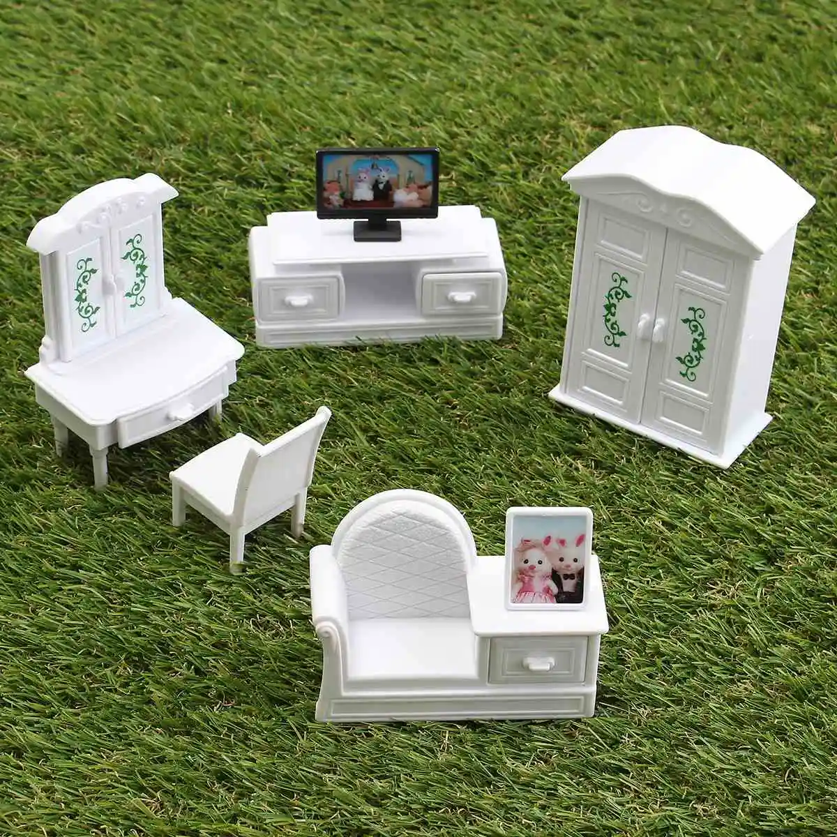 Lovely DIY White Living Room Set Plastic Doll House Miniatures Furniture Sets Kits font b Toy