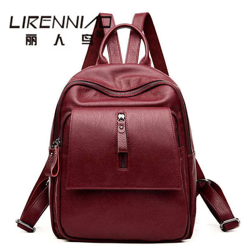 Women Leather Backpack Vintage Red School Bags For Teenagers Girls