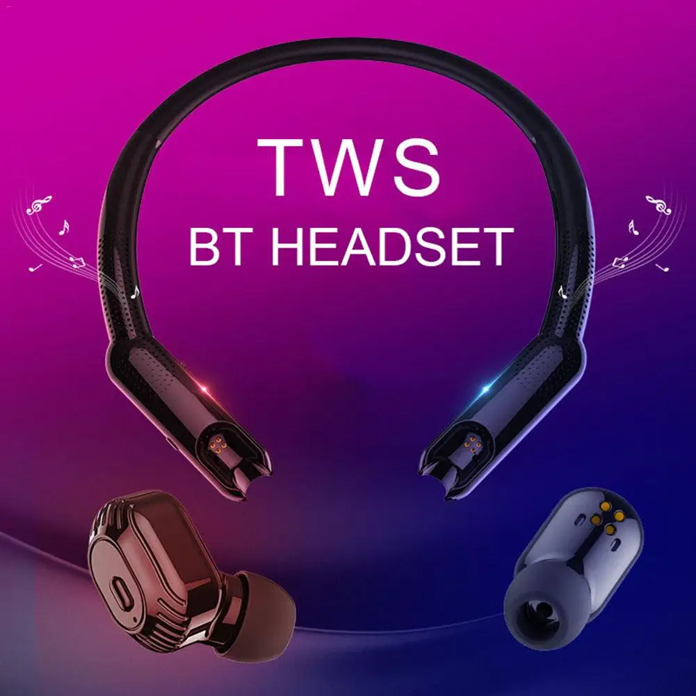 

TWS Bluetooth Headset 5.0 IPX4 Sweat-proof Waterproof Double HD Stereo Ear Hanging Neck Type Earbuds With 4 Mic Noise Canceling