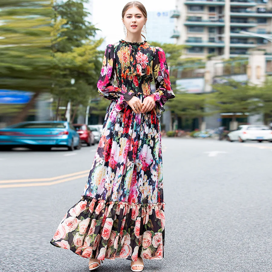 

AELESEEN Bohemian Fashion Maxi Vestido 2019 Spring Summer Lantern Sleeve Floral Luxury Print Ruffles Slim Long Dress for Women