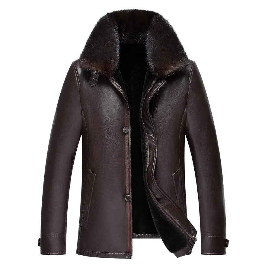 New Winter Warm 20 Degree Russia Men PU Leather Coats Fur Inside Snow