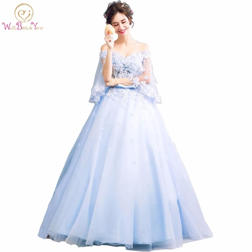 Женское бальное платье Walk Beast You голубое Quinceanera с рукавами 3/4 кружевной