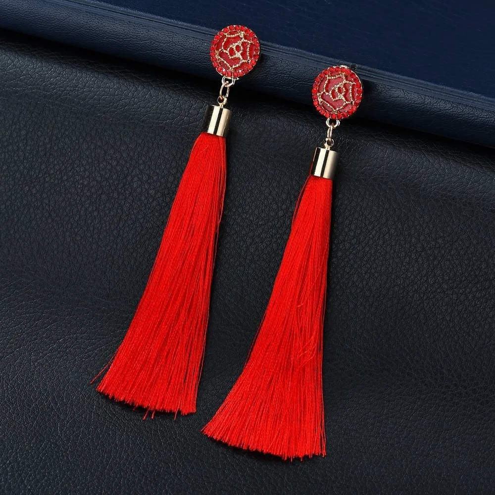 Хрустальные цветочные серьги-кисти для женщин богемные черные белые красные шелковые ткани болтающиеся длинные серьги с кисточками Букле д 'Орель