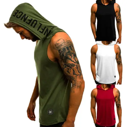 Men Plain Tank Top Hoodie Fitness Letter Pullover Sleeveless Sweatshirt