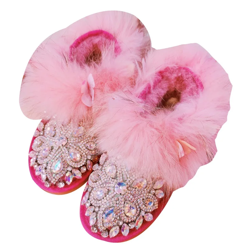 

Sheepskin Snow Boots for Women Winter Warm Fur Boots 2019 Winter Raccoon Fur Bling Rhinestone Ankle Boots Shoes Chaussures Femme