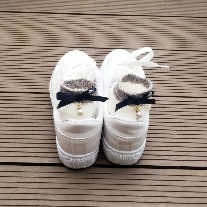 [EIOISAPRA]Pure Color Cotton Fashion Kawaii Pearl Bow Tie Socks Women College Style 6 Colors Funny Socks Calcetines Mujer
