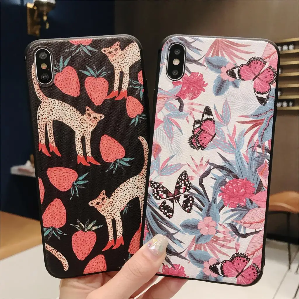 

For iphone 7 Case 3D Relief Hand painted flowers Phone Case for iPhone X XR XS Max 6 6S 7 8 Plus 10 Cover Cute Butterfly Capa
