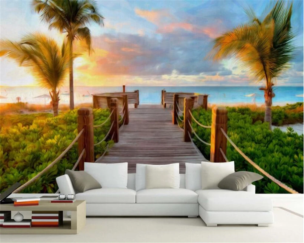 Beibehang Photo mural wallpaper tropical beach coast wooden bridge