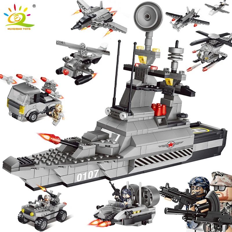 

HUIQIBAO TOYS Military DIY Army World War Weapon Tank Helicopter Boat Compatible Legoe City Building Blocks Bricks For Children