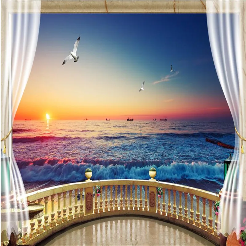 beibehang Wallpaper 3D Balcony with Beach View Background Modern Mediterranean Mural for Living Room Large Painting Home Decor wellyu обои papel de parede 3d custom wallpaper blue sky and white clouds beach with sea view tv wall wallpaper for walls 3 d