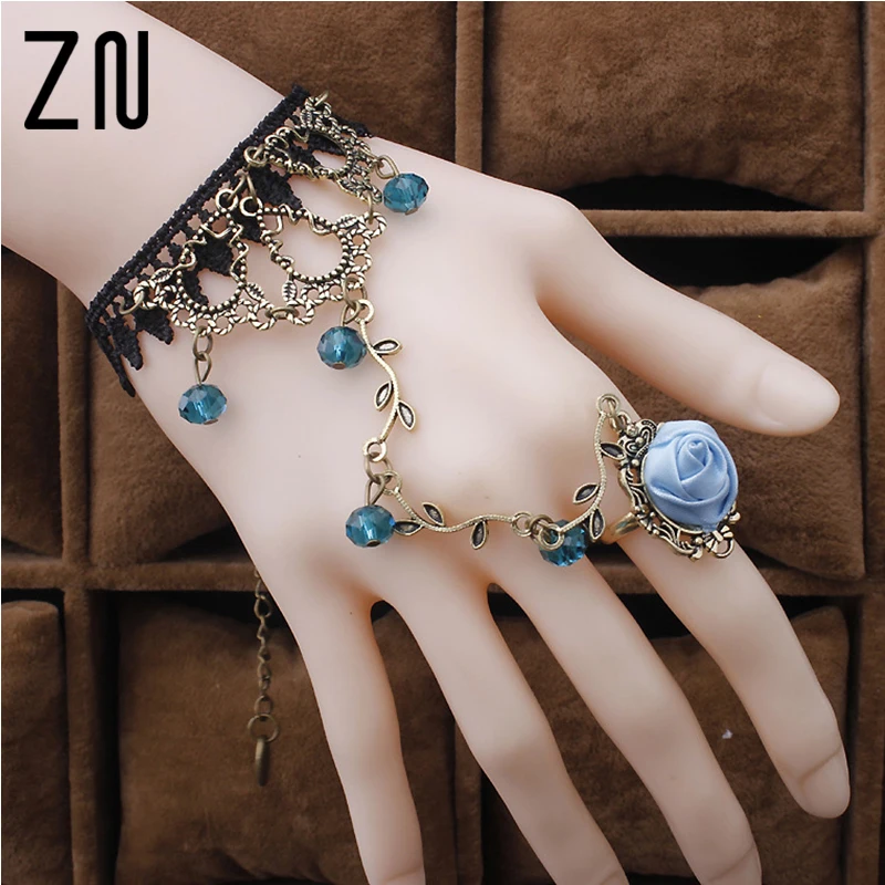 

Temperament Retro Antique Crystal Lace Rose Flower Vine Lobster Charm Bracelet