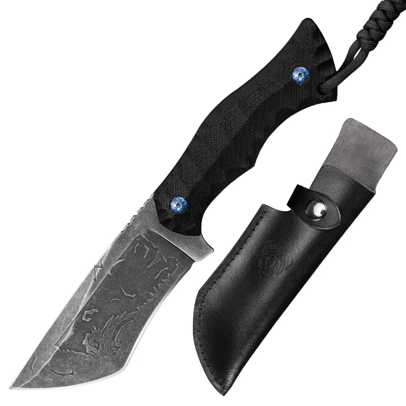 CIMA Stainless Steel Fixed Blade Knife with G10 Handle,Leather sheath for Outdoor Tactical Survival and Everyday Carry
