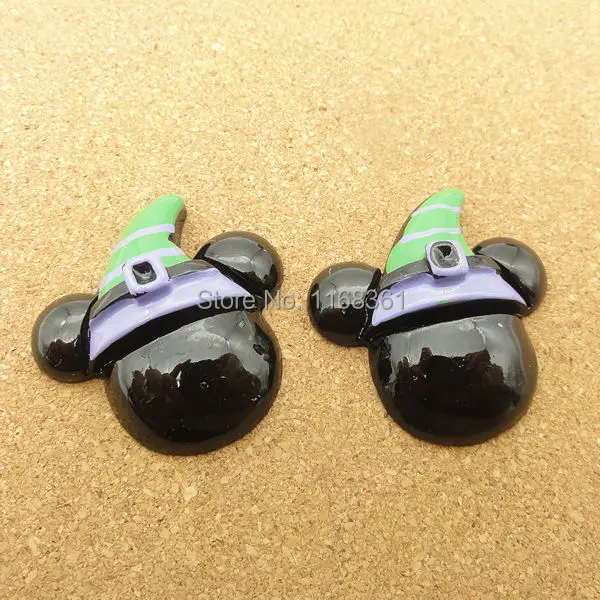 1pcs/lot resin flat back Halloween Mickey with green hat 30mm Cabochons Hair Bow Center DIY Christmas decration C118-5