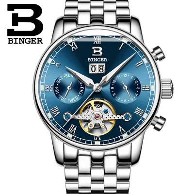 Швейцарские Бингер мужские часы люксовый бренд Tourbillon fulll из нержавеющей стали водонепроницаемые механические наручные часы B-8604-6 - Цвет: Item 3