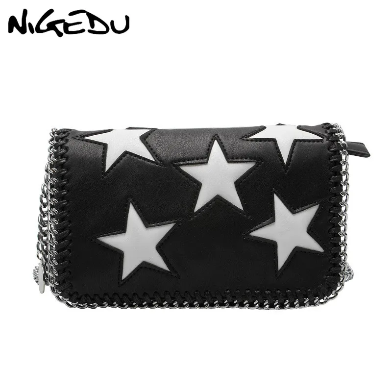 

NIGEDU Fashion Star Women Small Flap Messenger Bag Weaving Chain girls Crossbody Bag luxury design Female Clutches Wallet black