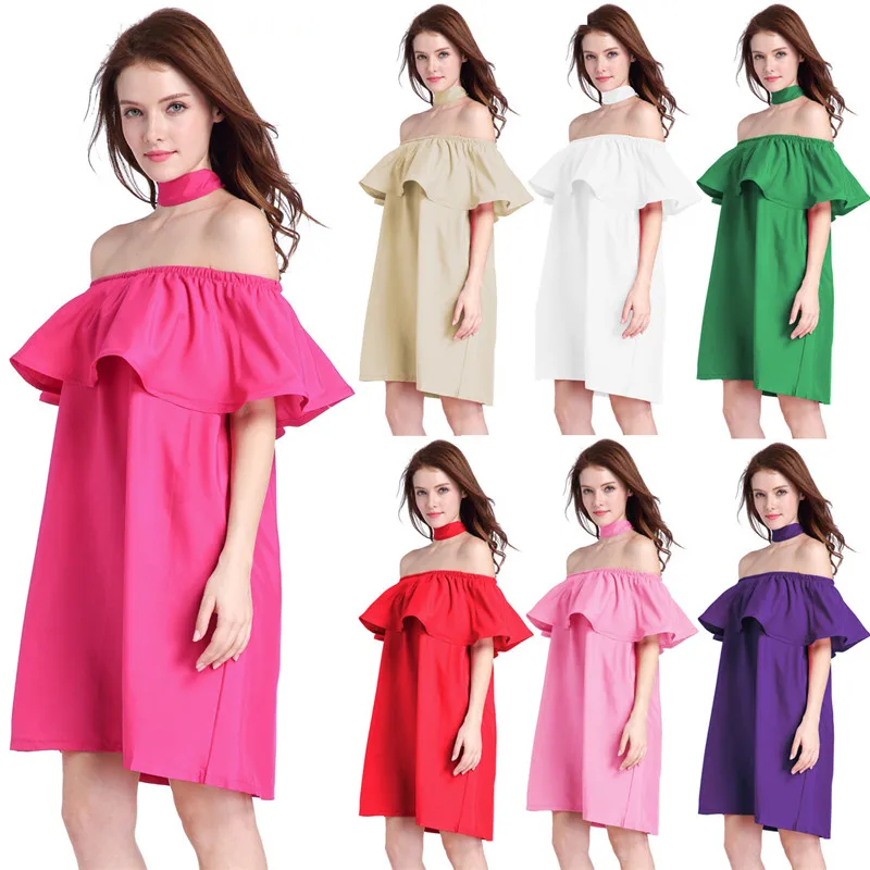 Ahamgen Ruffles Slash Neck Women Dress Summer Style Off Shoulder Sexy Dresses Vestidos White Tube Beach Dress Cotton01
