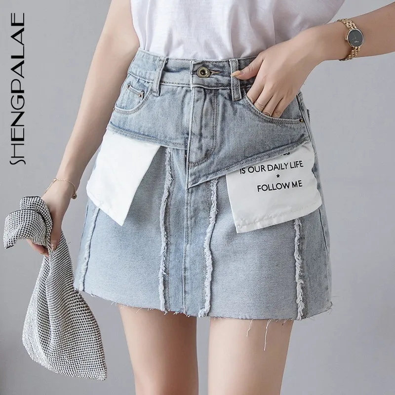 

SHENGPALAE Women Skirt Pocket Spliced Short Denim Skirts High Waisted Blue Jean Skirt All Match Sexy Mini Skirts 2019 New FN892