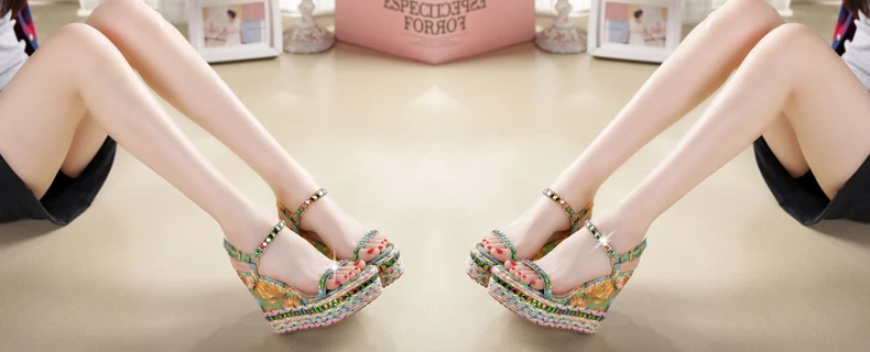 18_2016 Summer New Fashion Rhinestone High Heel Open Toe Sandals Casual Bohemian Wedge Elegant Shoes For Ladies High Quality